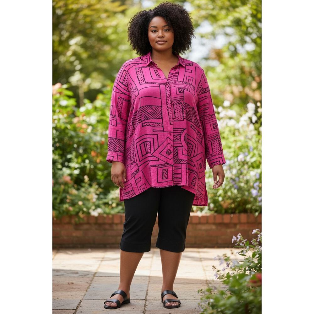 Ali Miles Womens Art To Wear Button Front Tunic Top Plus Size 2X Pink